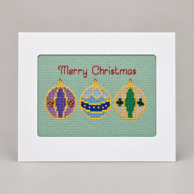 Handmade Cross-Stitch Christmas Card – Beaded Bauble Trio