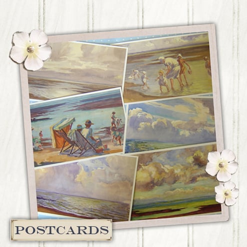 6x Large Post Cards * BYGONE BEACH DAYS * Vintage Paintings