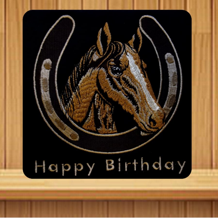 Horses Head and Horseshoe Card. Handmade embroidered design