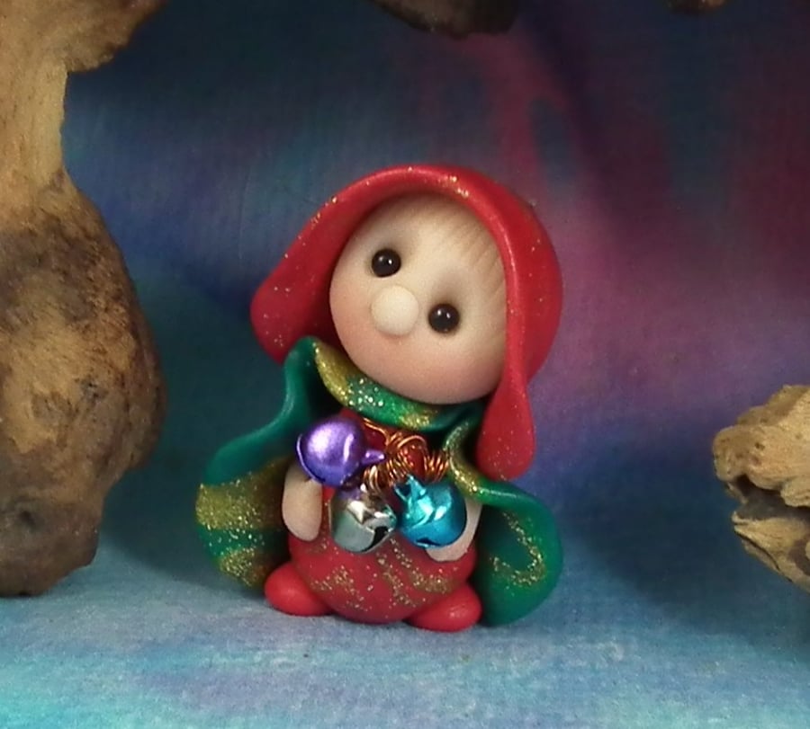 Tiny Christmas Gnome 'Fizz' Santa's helper with bells by Ann Galvin