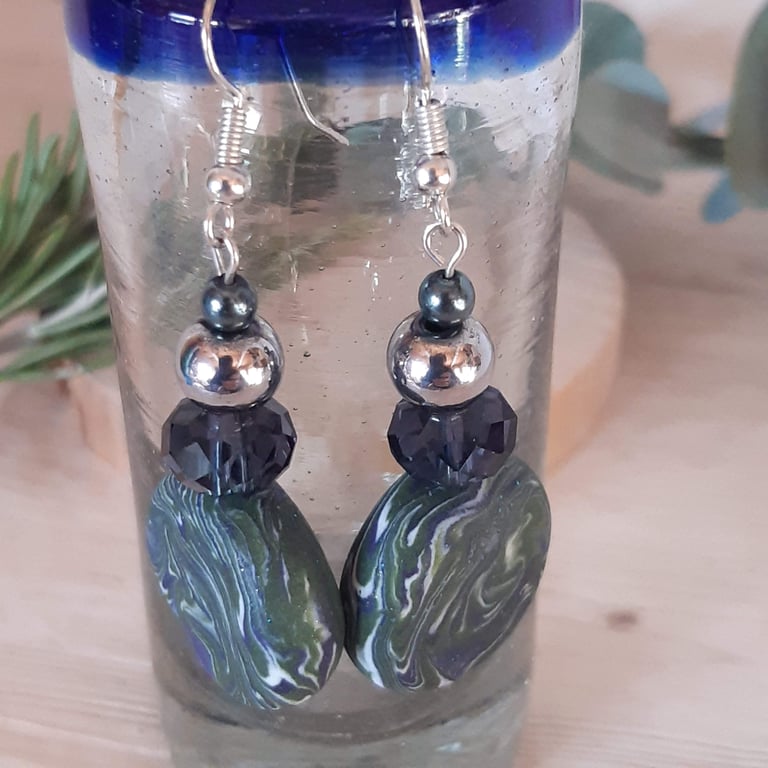 Navy Blue, Forest Green and White Dangly Disc Earrings