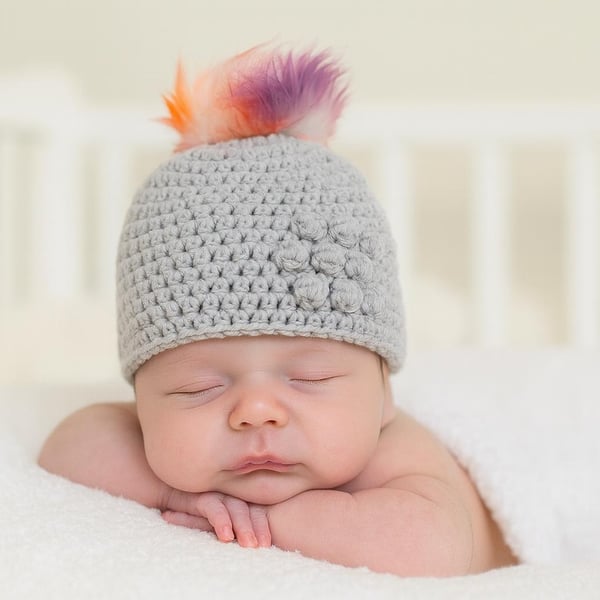 Light grey baby crocheted hat white faux fur pompom with orange purple & pink 