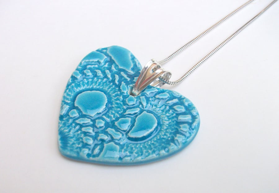 Ceramic Turquoise Pendant Necklace impressed with Vintage Lace - Sterling Silver