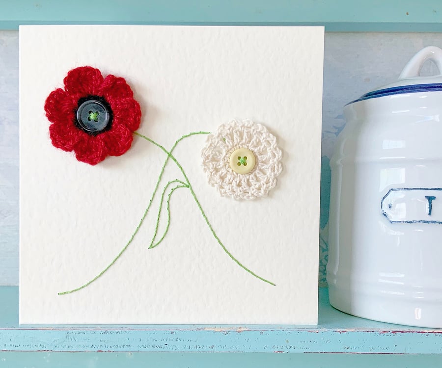 Hand Sewn Card. Poppy Card. Daisy Card. Flower Card. Handmade Card. Blank Card