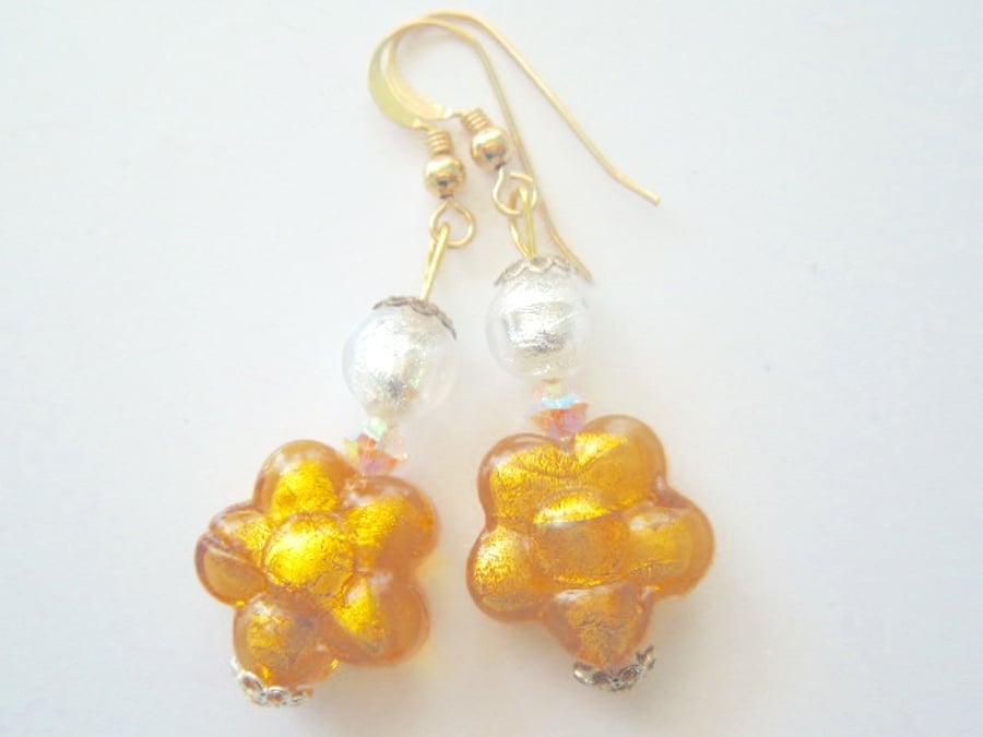 Gold and silver Murano glass flower earrings with gold filled ear wires.