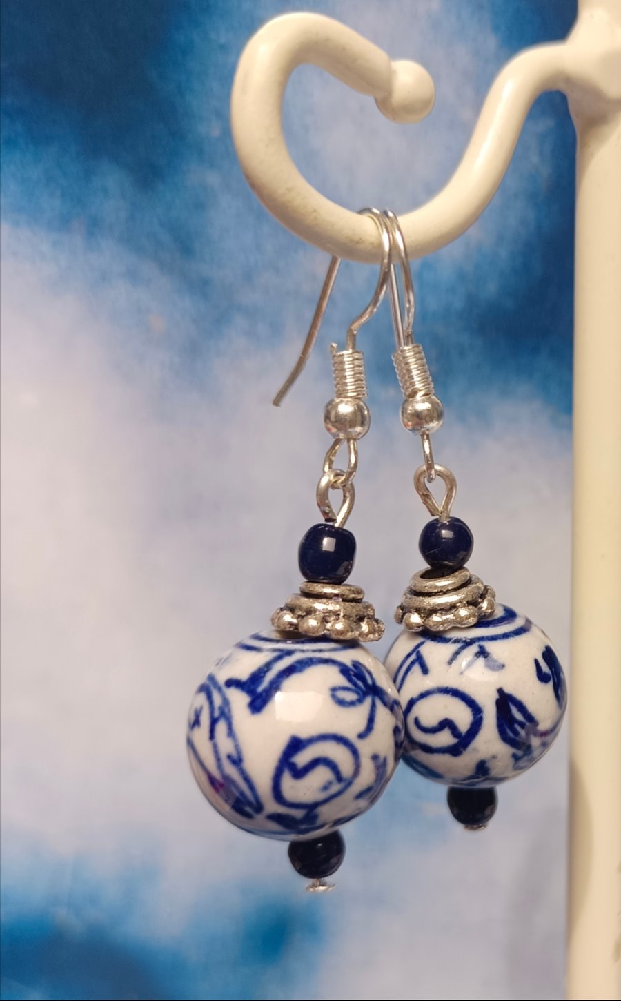 Blue and White Ceramic Beaded Earrings