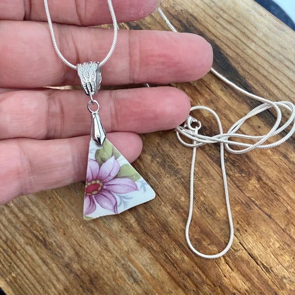 vintage purple floral crockery pendent necklace on 18" sterling silver chain