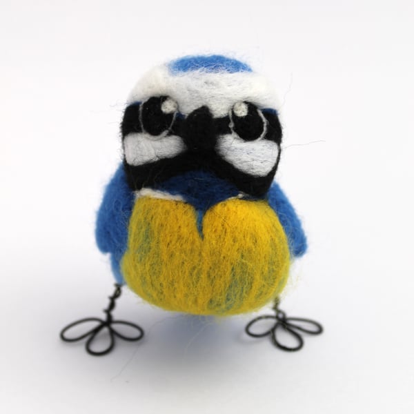 Needle Felted Blue Tit Ornament Standing Bird Decoration