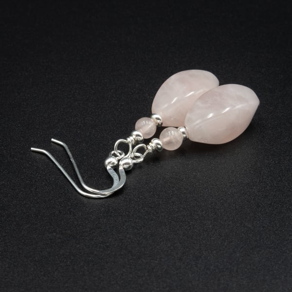 Rose quartz gemstone earrings, pale pink silver earrings.