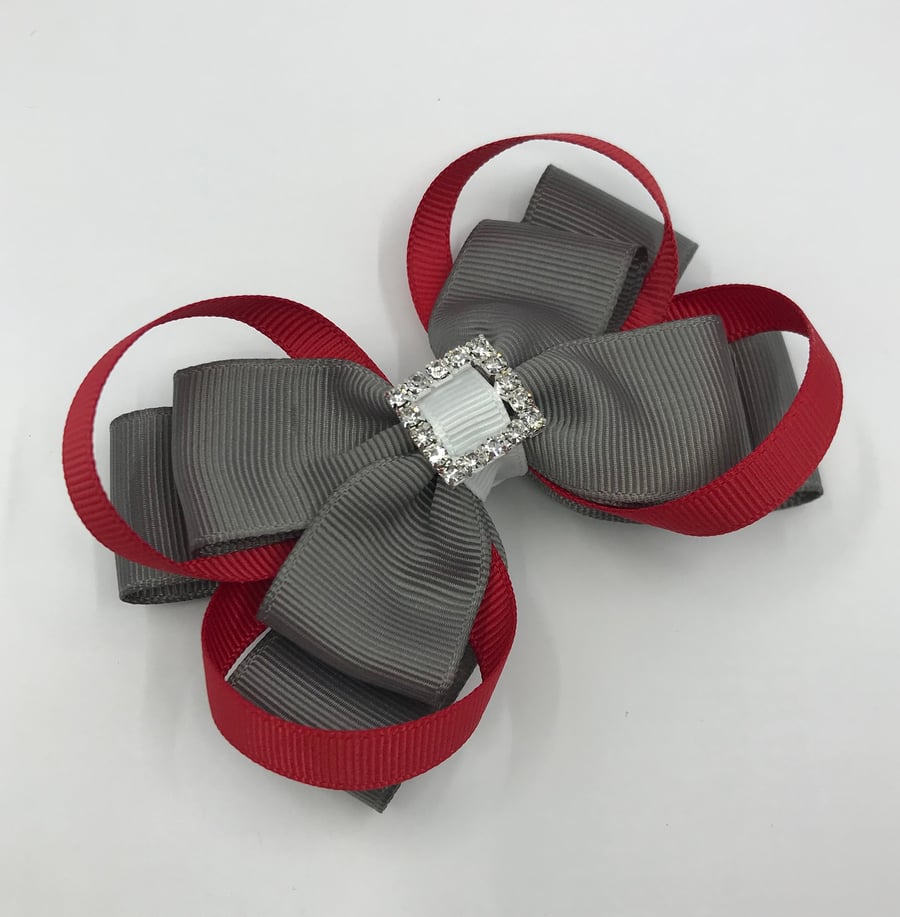 School Grey Double Layer Bow with Red Loops with White Centre on Clip