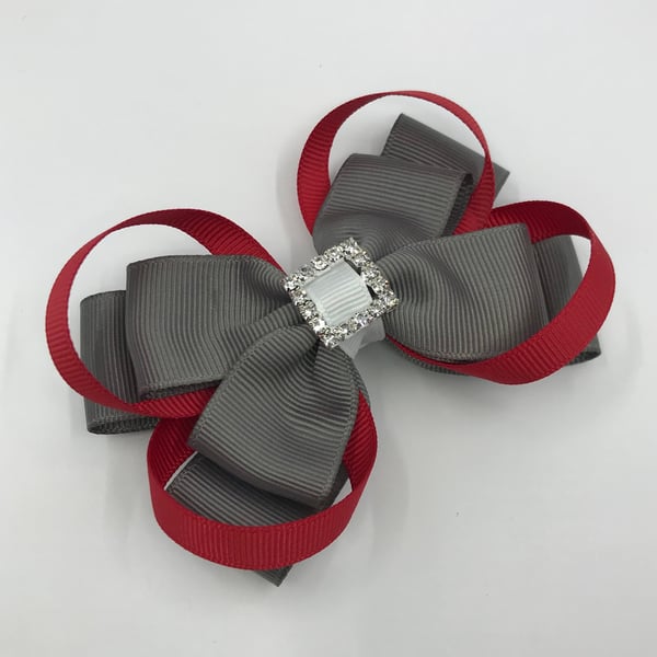 School Grey Double Layer Bow with Red Loops with White Centre on Clip