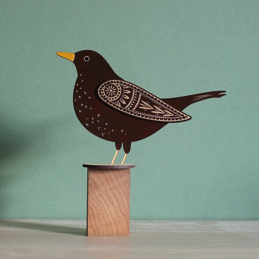 Standing Wooden Female Blackbird Decoration - Hand Painted