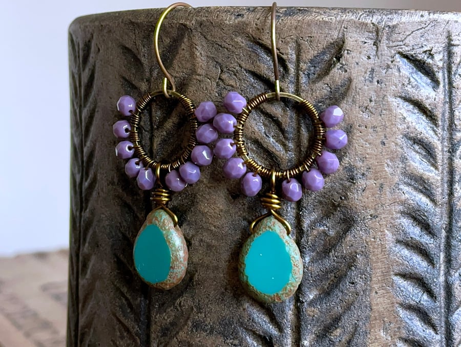 Purple & Turquoise Czech Glass Earrings. Teardrop Earrings. Wire Work Earrings