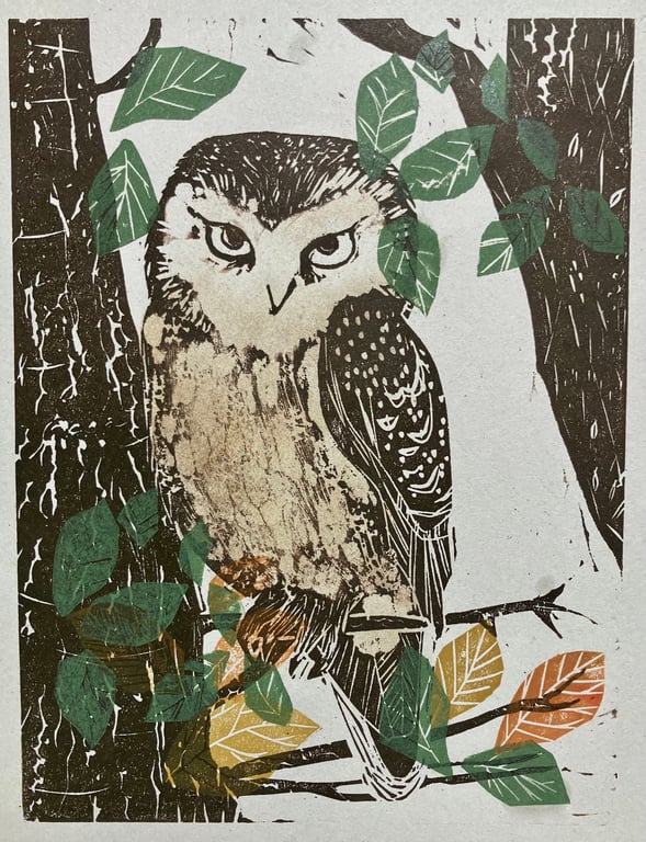 Little Owl in Beech Tree - Lino Cut 