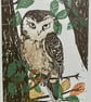 Little Owl in Beech Tree - Lino Cut  - Image 1