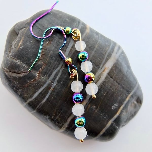 Rainbow Hematite And Snow Quartz Earrings - Handmade In Devon.