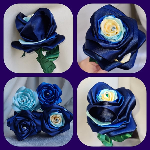 Gorgeous Handmade Blues & Ivory Ribbon Rose - Long Stem Artificial Flower Gift
