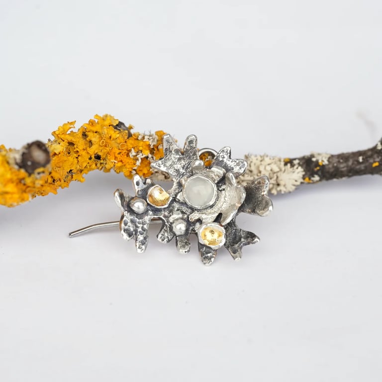 Sterling silver and moonstone brooch inspired by lichen