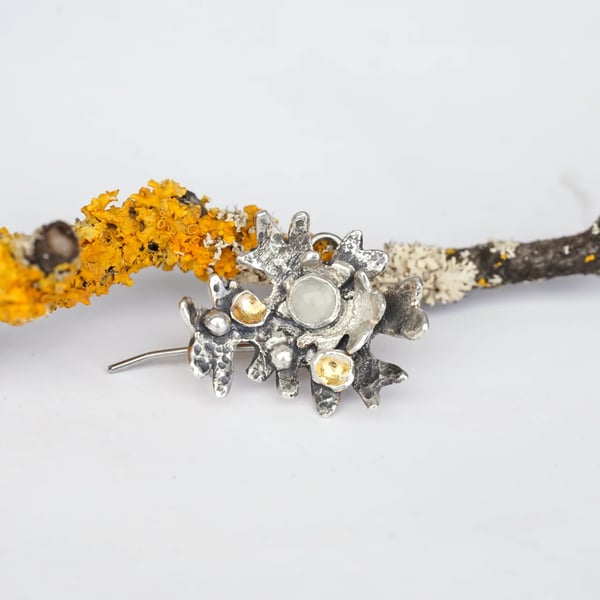Sterling silver and moonstone brooch inspired by lichen