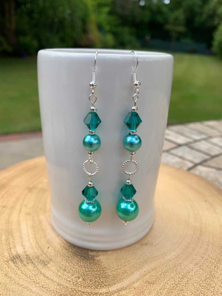 Vibrant Dangle Pearl and Crystal Sea Foam and Teal Earrings