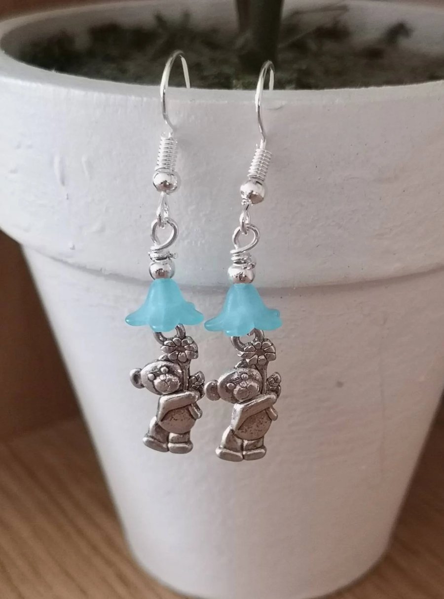 teddy bear  Charm and flower drop earrings kitsch womens hooks blue floral