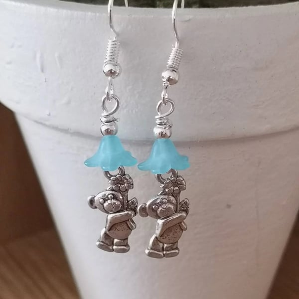 teddy bear  Charm and flower drop earrings kitsch womens hooks blue floral