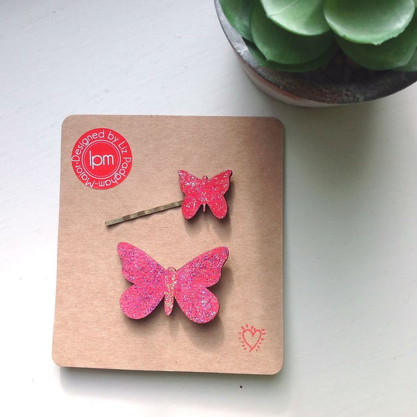 Glitter Pink Butterfly Brooch & Hairslide set
