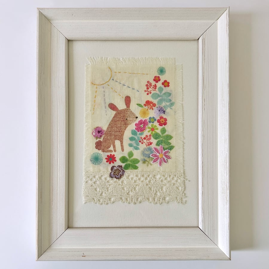 Cute Bunny Amongst Flowers, an original textile and mixed media framed art piece