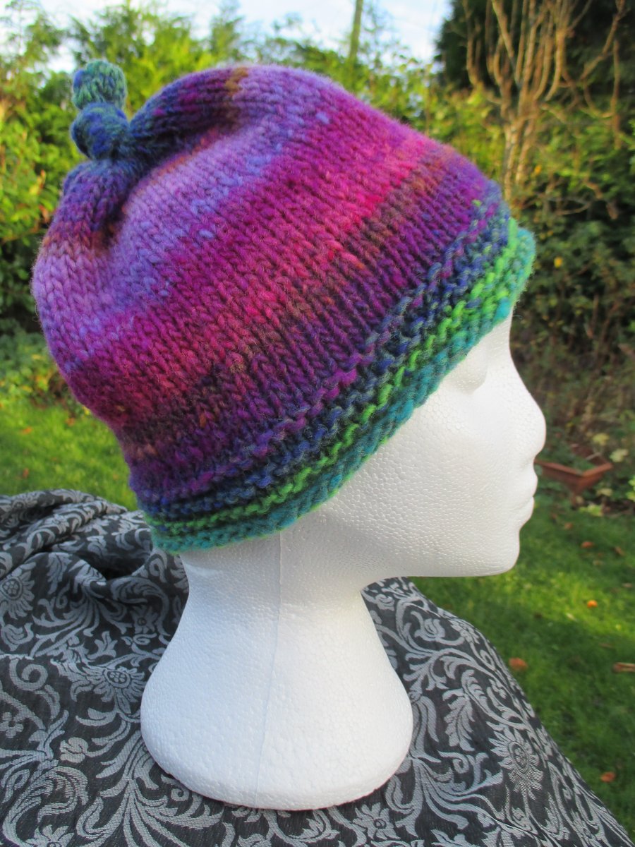 Handknit 100% WOOL NORO KNOTTY TOP BEANIE SMALL MED