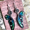 Flower Fairy Wing Sterling Silver Earrings Green Blue Yellow Black