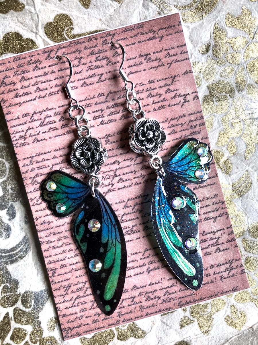 Flower Fairy Wing Sterling Silver Earrings Green Blue Yellow Black
