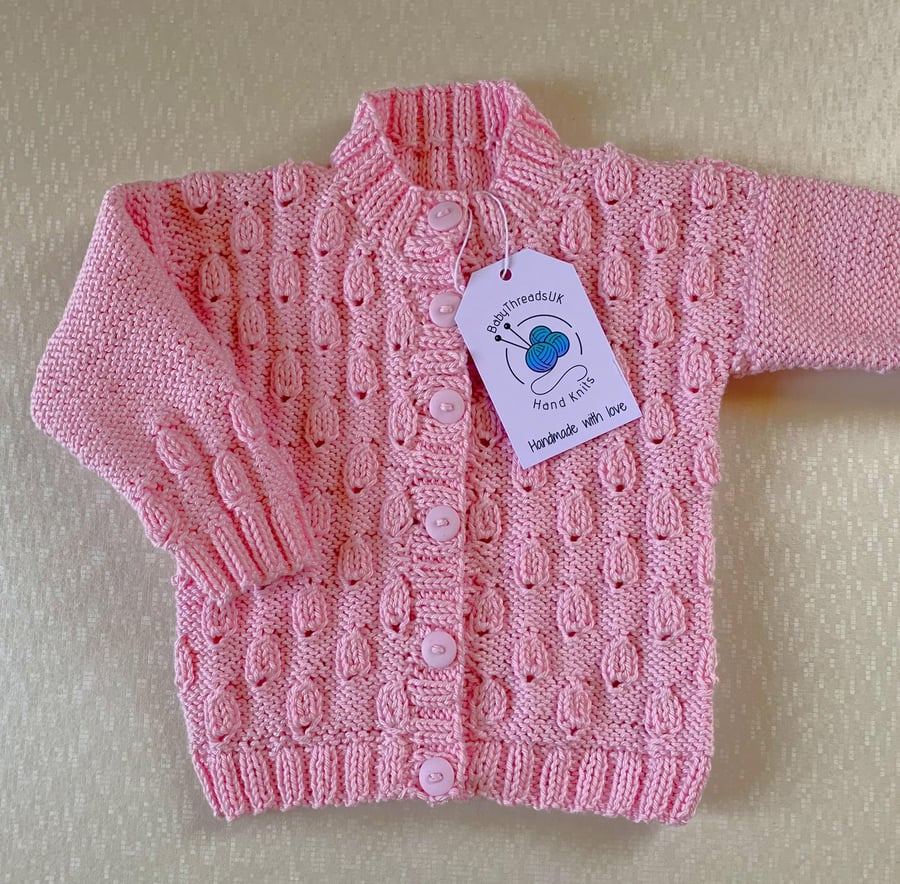 Pink Baby or Toddler Cardigan: Hand Knitted in 100% Cotton Yarn, 23ins chest
