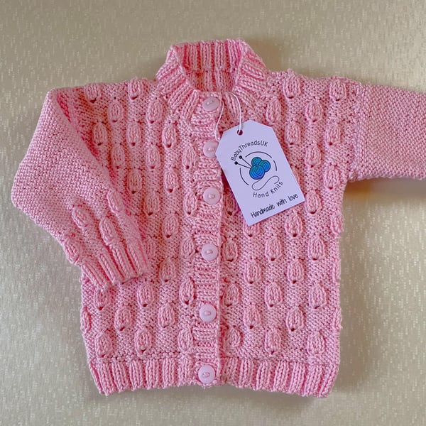 Pink Baby or Toddler Cardigan: Hand Knitted in 100% Cotton Yarn, 23ins chest