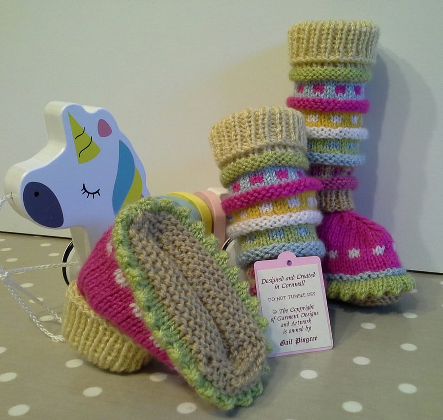 Baby Girl's Hand Knitted Booties and Leg Warmer Set 6-12 months