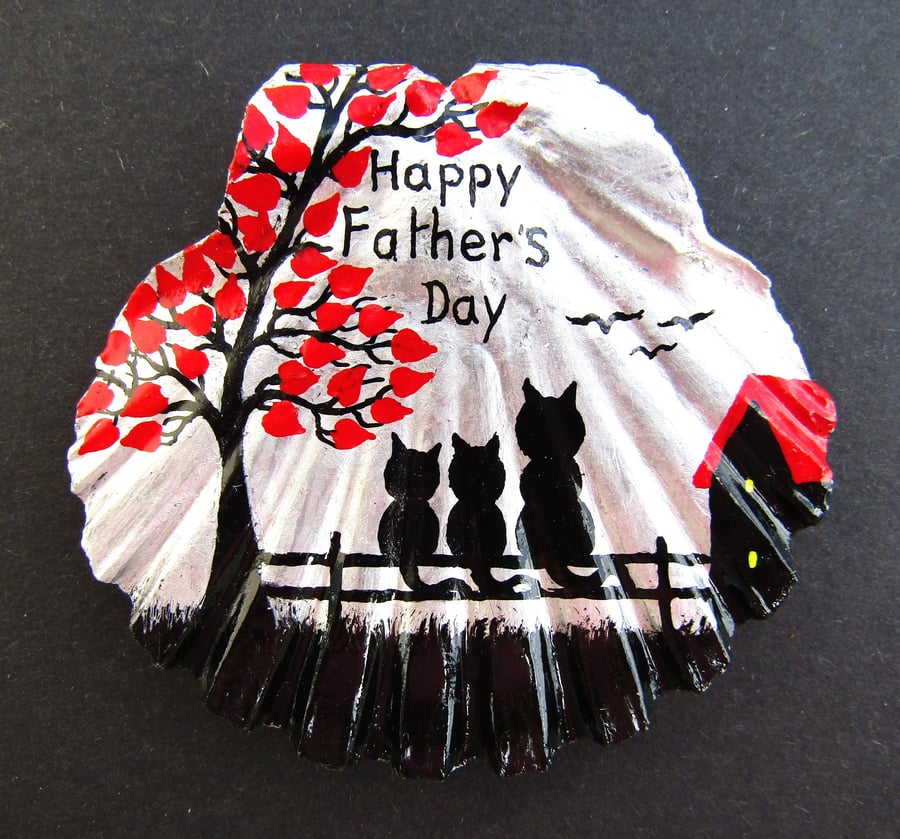 Fathers Day Cat Gift, Hand Painted Shell, Three Black Cats Tree Art Painting