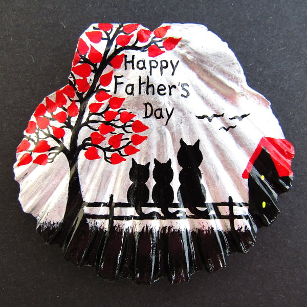 Fathers Day Cat Gift, Hand Painted Shell, Three Black Cats Tree Art Painting