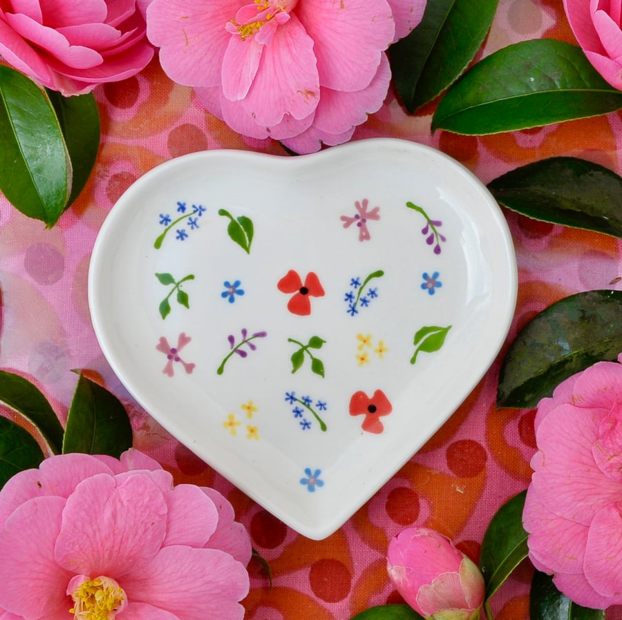 Wild Flowers Heart Dish - Hand Painted - SALE - Perfectly Imperfect