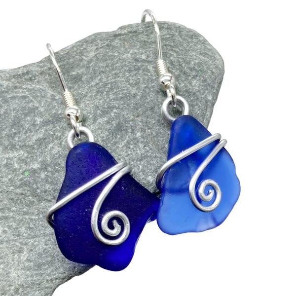 Sea Glass Earrings. Blue Scottish Sterling Silver Wire Wrapped Celtic Jewellery