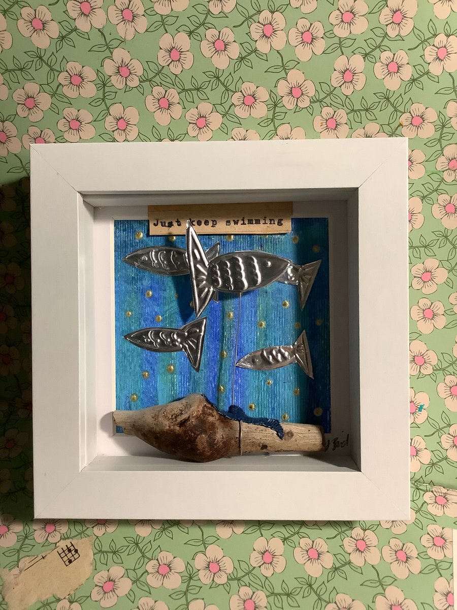 Just keep swimming. Motivational art. Wall art. Fish. Silver 