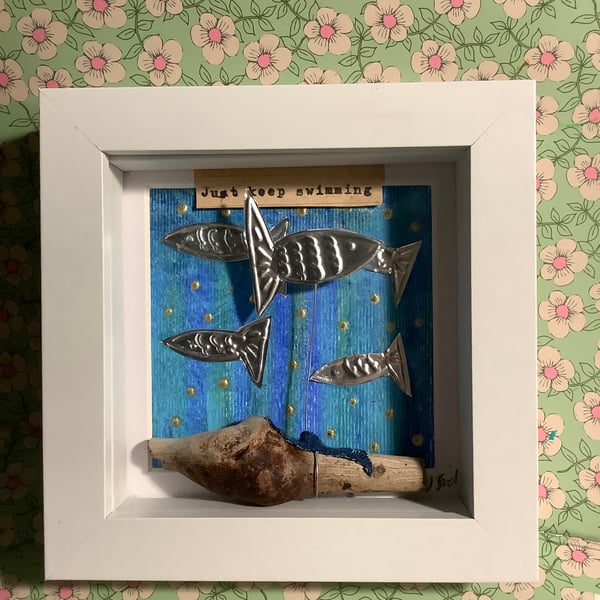 Just keep swimming. Motivational art. Wall art. Fish. Silver 