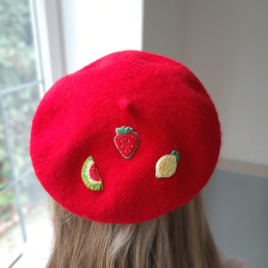 Children's Embroidered Red Beret, fruit lover