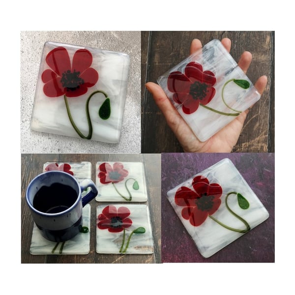 Handmade Fused Glass Poppy Drinks Coaster - Nature Flower Glass Tile