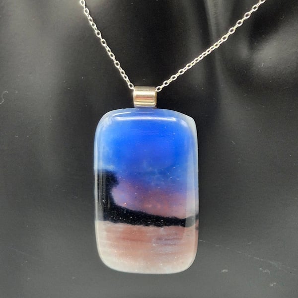 Sphinx at Night, Fused Glass Pendant with Sterling Silver Findings
