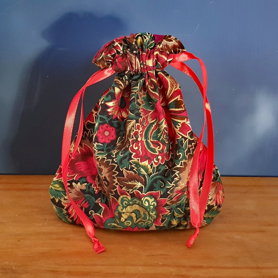 Mini Metallic Poinsettia Reusable Gift Bag - Drawstring Storage Bag