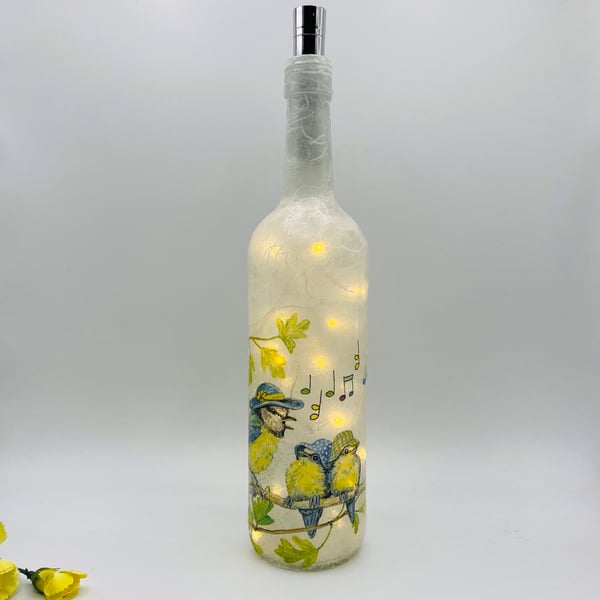 Decoupage bottle light, Birds, Blue Tit family singers