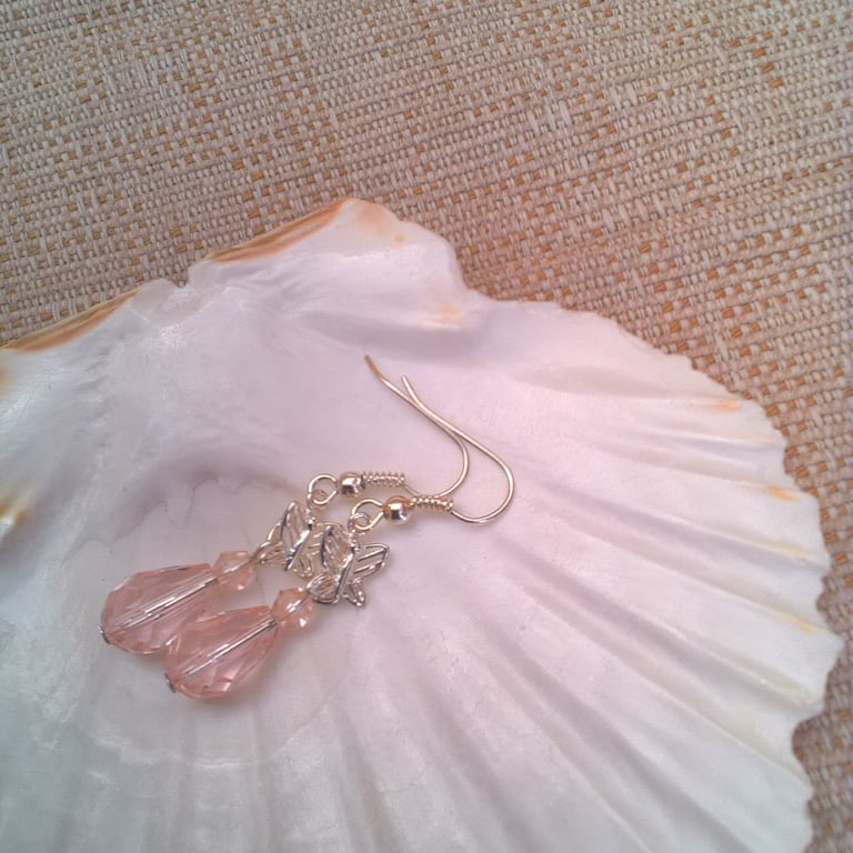 Pink Crystal Earrings with a Butterfly Bail, Butterfly Earrings, Gift for Her