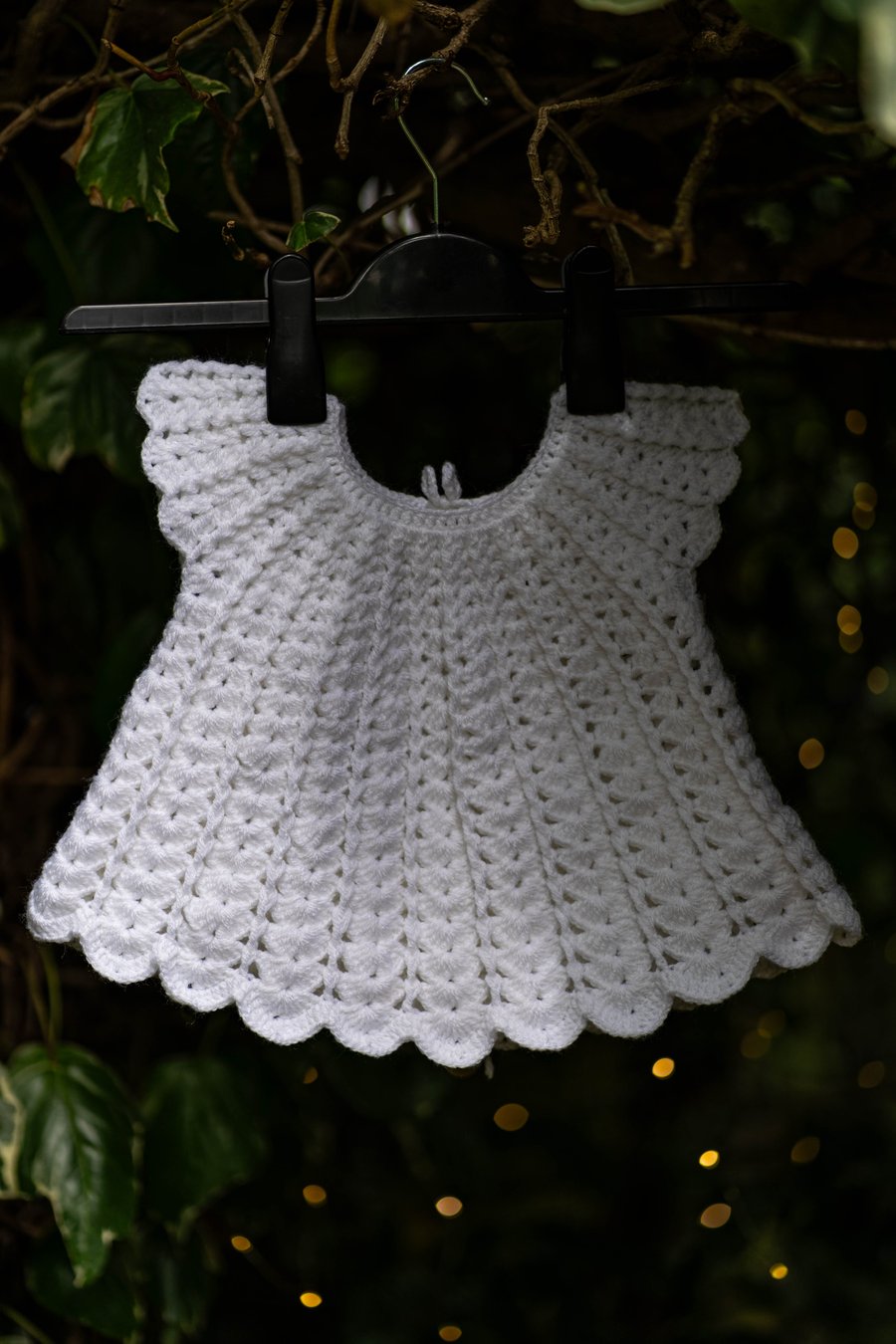 White Hand Knitted Baby Dress Set with baby bonnet and socks for 9-12 months old