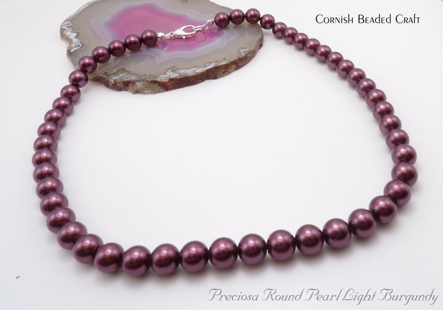 Preciosa  Burgundy Pearl Effect Beads Necklace 8mm. - FREE UK P&P