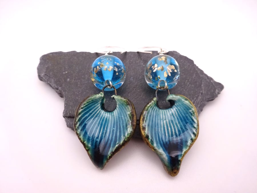 blue and gold glitter lampwork glass earrings