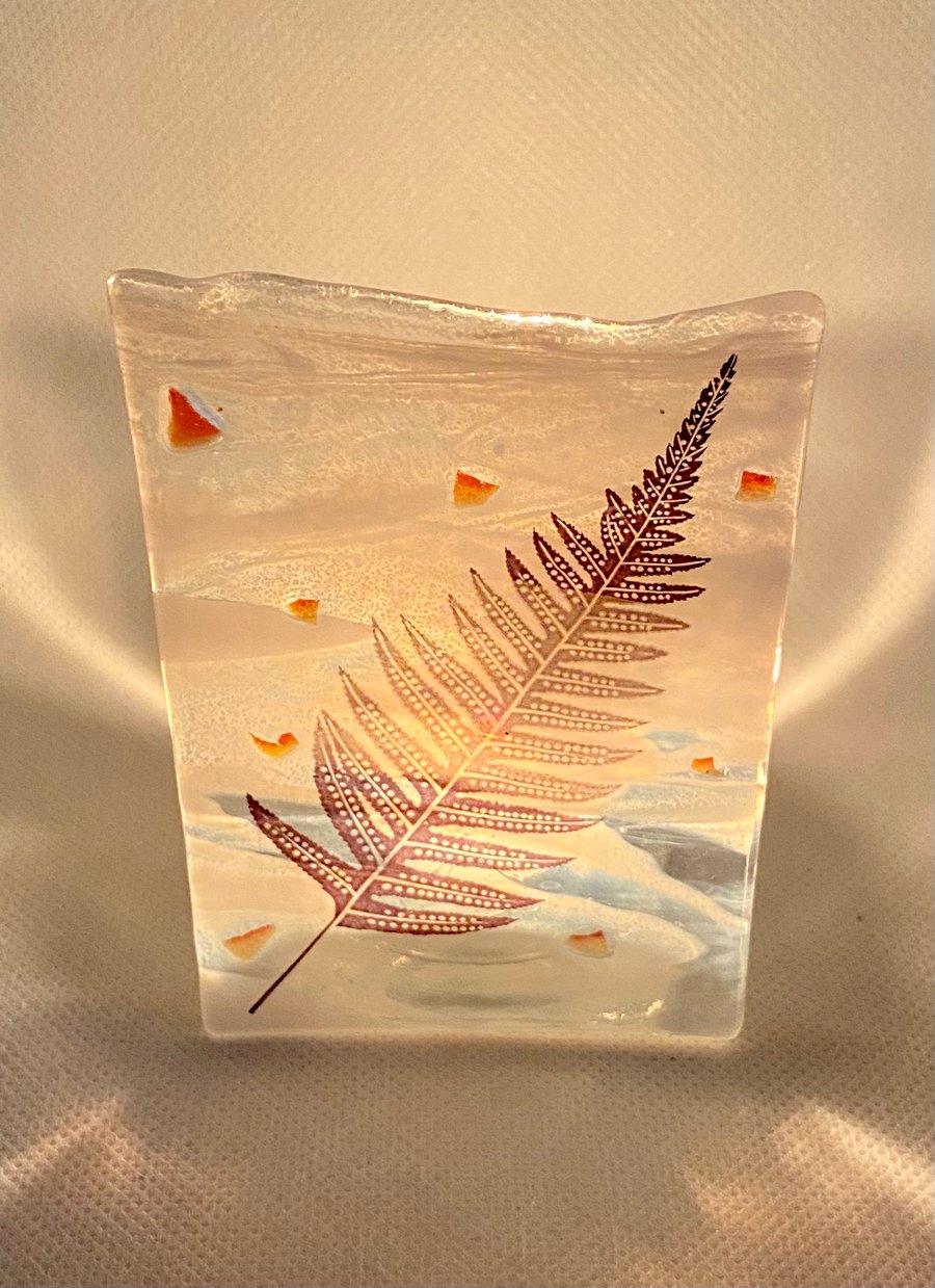 Fused glass tea light shade with metallic copper ferns